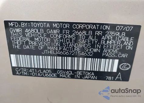 2007 Lexus Es 350 z USA, uszkodzony, nr VIN JTHBJ46G672154632
